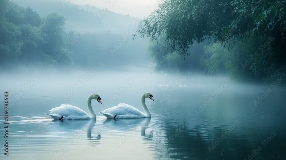 Obraz premium Serene Swans on Misty Lake at Dawn Tranquil Nature Scene Wildlife Photography