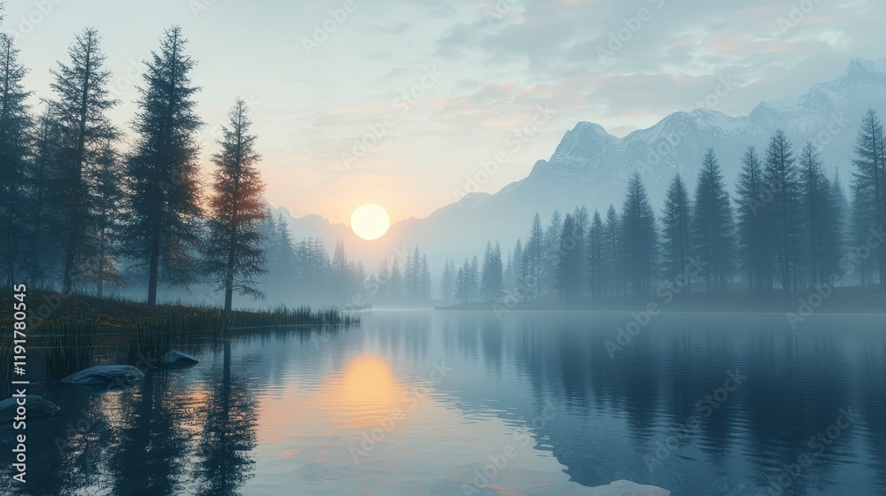 Fototapeta premium Serene Sunrise Over Misty Mountain Lake with Coniferous Trees