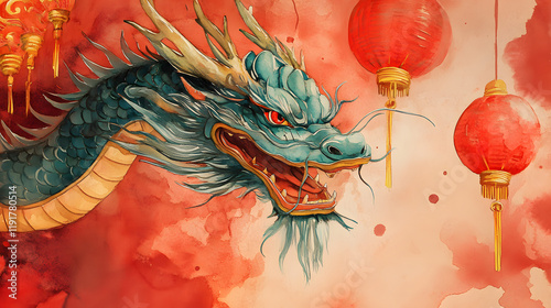Chinese zodiac watercolor painting Dragon. Chinese new year