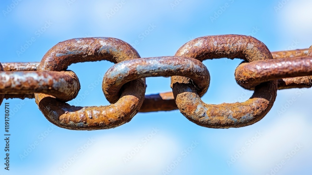 Close up of Rusty Chain Links Against a Blue Sky Background Close up of Rusty Chain Links Against a Blue Sky Background