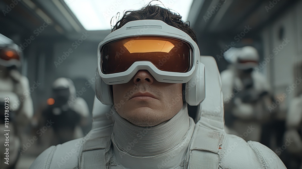 Futuristic Soldier Wearing Advanced Goggles in a Sci Fi Setting Close Up Futuristic Soldier Wearing Advanced Goggles in a Sci Fi Setting Close Up
