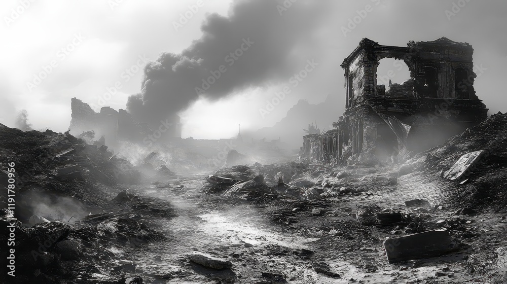Fototapeta premium Post Apocalyptic Ruins Desolate Landscape Smoke and Destroyed Architecture