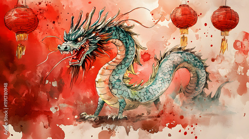 Chinese zodiac watercolor painting Dragon. Chinese new year