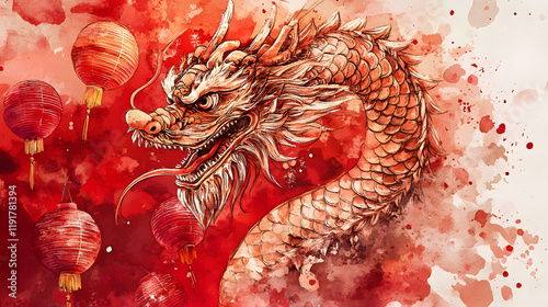 Chinese zodiac watercolor painting Dragon. Chinese new year