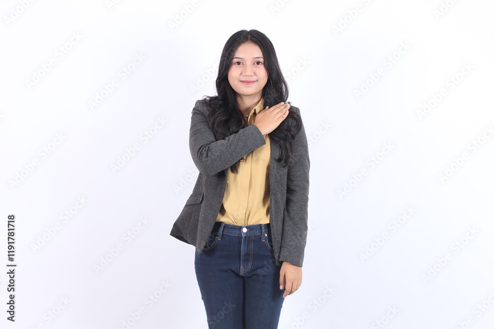 Woman in a gray blazer. Business asian woman Woman in a gray blazer. Business asian woman