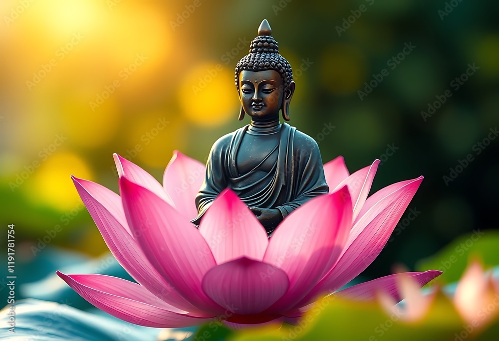 Obraz premium Serene Buddha Statue Pink Lotus Peaceful Garden Setting