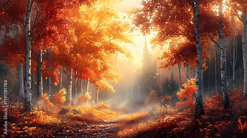 Obraz premium Autumn forest path, sunlight, leaves, fog, nature, landscape, digital art, wallpaper
