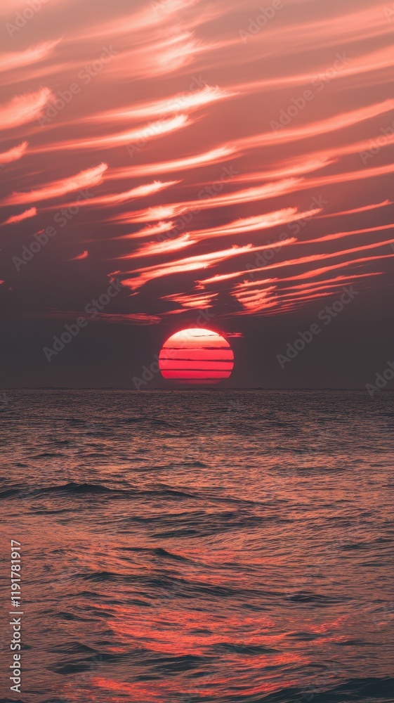 A stunning sunset with vibrant red and orange hues reflecting on calm ocean waves, creating a serene and tranquil atmosphere. A stunning sunset with vibrant red and orange hues reflecting on calm ocean waves, creating a serene and tranquil atmosphere.