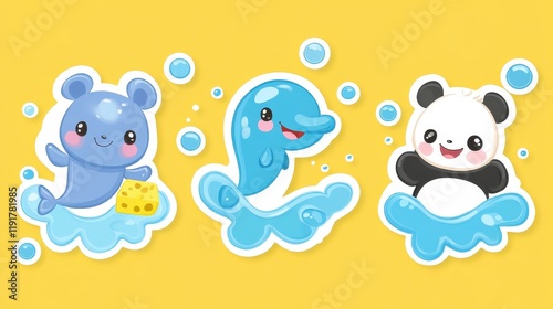 Adorable Cartoon Animals Playing in Water: A Delightful Panda, Dolphin, and Seal Enjoying a Fun Water Day photo