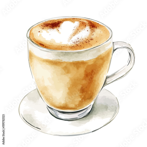A watercolor drawing of a cappuccino, isolated on a white background. Cappuccino vector.
