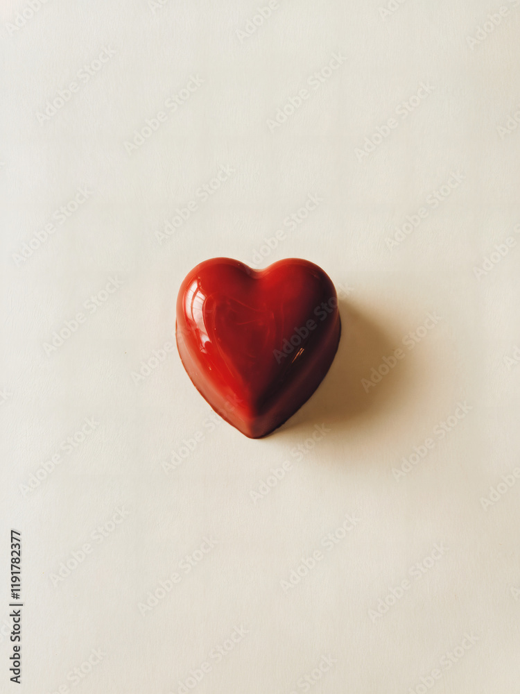 Fototapeta premium Red Heart-Shaped Chocolate: A simple yet striking photo of a single, perfectly shaped red heart-shaped chocolate captured from a top-down angle on a smooth white background