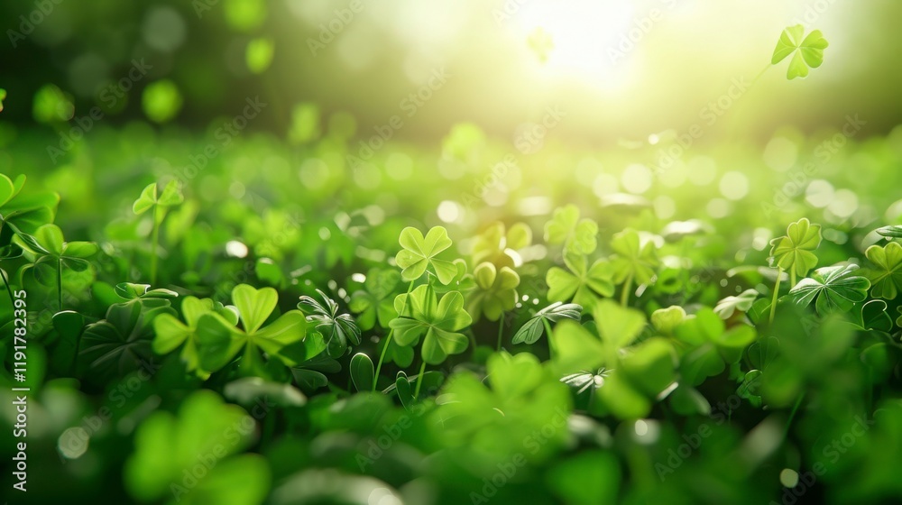 Lush Green Clover Field Illuminated by Warm Sunlight, Creating a Serene and Tranquil Atmosphere in a Natural Environment Lush Green Clover Field Illuminated by Warm Sunlight, Creating a Serene and Tranquil Atmosphere in a Natural Environment