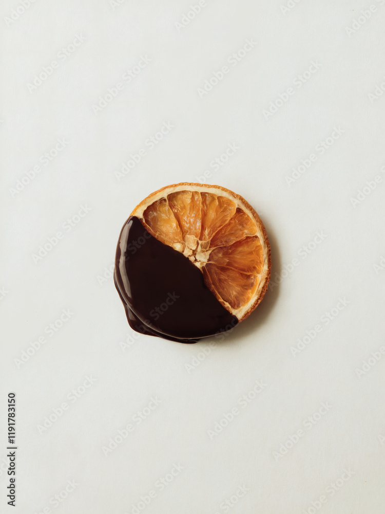 Naklejka premium Dried Orange Chocolate Coated: A simple yet striking photo of a single slice of dried orange delicately dipped in glossy dark chocolate, placed against a pure white background
