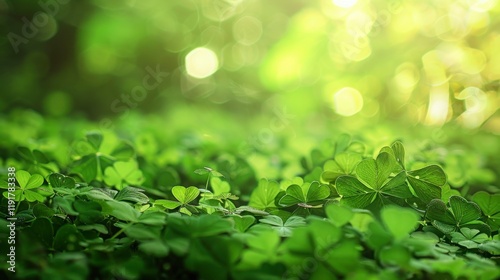 Lush Greenery of Shamrock Leaves Illuminated by Soft Sunlight in a Natural Setting, Capturing the Essence of Serenity and Vibrancy in Nature's Wonderland photo