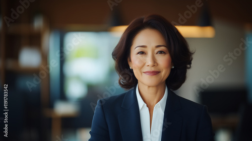 confident Japanese businesswoman smiles warmly in modern office setting, showcasing professionalism and poise. Her elegant attire and friendly demeanor create inviting atmosphere