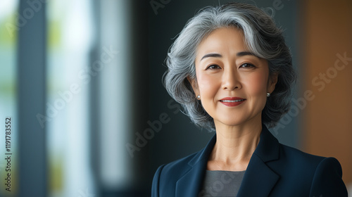 confident Japanese businesswoman with gray hair smiles warmly, showcasing professionalism and poise in modern office setting. Her expression reflects determination and success. Free Download confident Japanese businesswoman with gray hair smiles warmly, showcasing professionalism and poise in modern office setting. Her expression reflects determination and success. - GFXLoad
