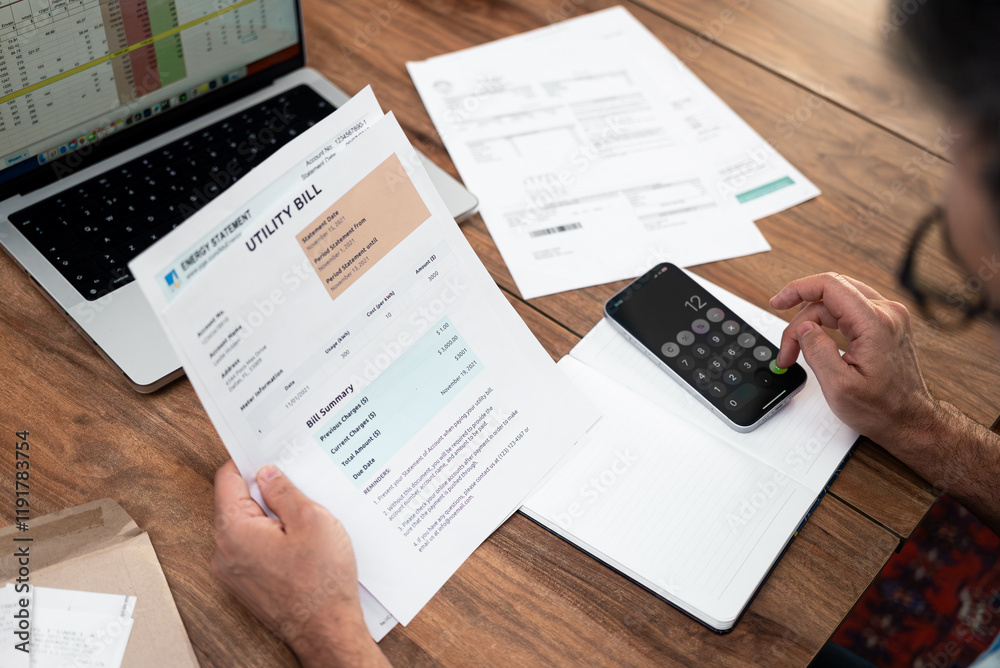 Obraz premium Man calculating utility bills with smartphone and documents on a wooden desk. Household expenses and financial management concept 