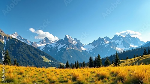 Snow-capped peaks soar into a crisp azure sky, forming an awe-inspiring alpine panorama with delicate frost at their summits
