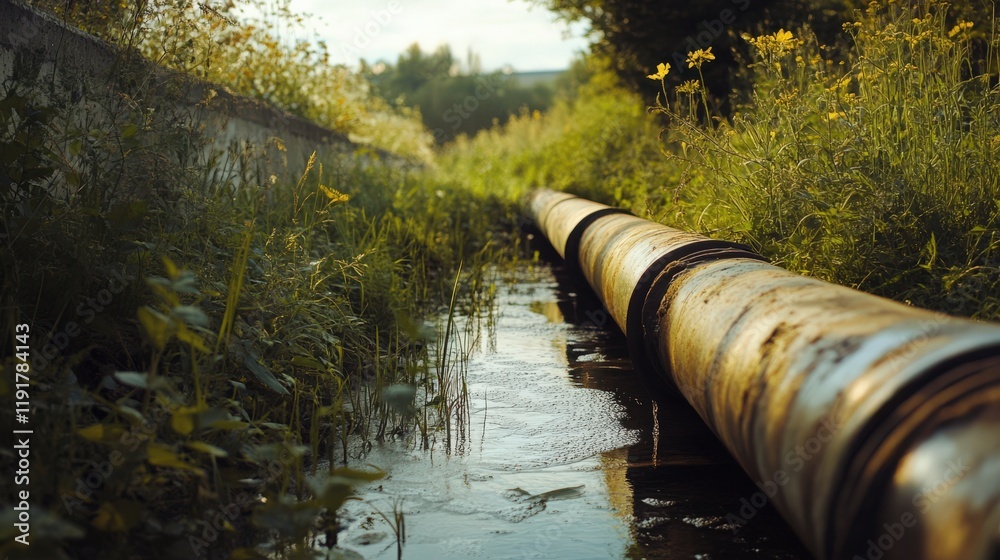 A rusty pipe is surrounded by grass and water A rusty pipe is surrounded by grass and water