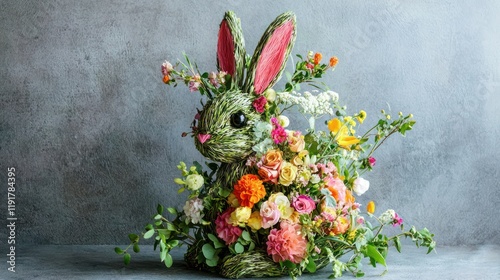 A creative Easter floral arrangement shaped like a bunny, featuring colorful spring flowers and greenery. photo