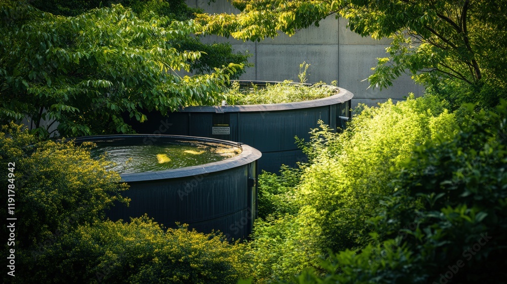 Two large black tanks are surrounded by trees and bushes Two large black tanks are surrounded by trees and bushes