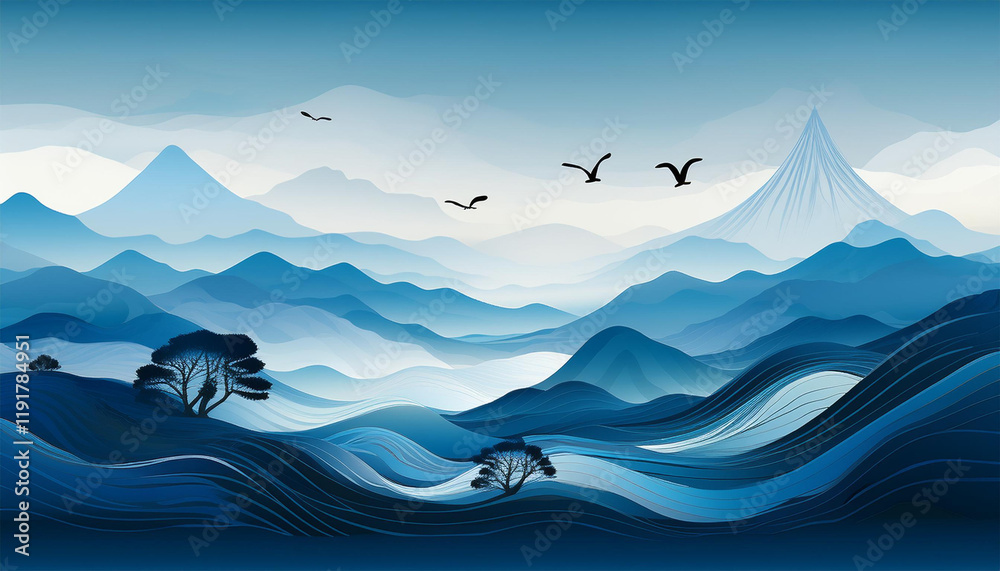 a serene layered landscape featuring mountains and waves created with shades of blue and silhouettes of animals evoking tranquility and nature a serene layered landscape featuring mountains and waves created with shades of blue and silhouettes of animals evoking tranquility and nature