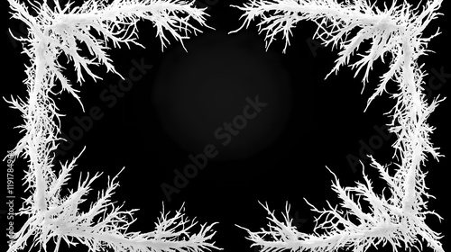 Frostwork. decorative frostwork ice crystals frame on black background. can be used as window frost overlay in design, asian style. isolated with white highlights. Frostwood. Illustration photo