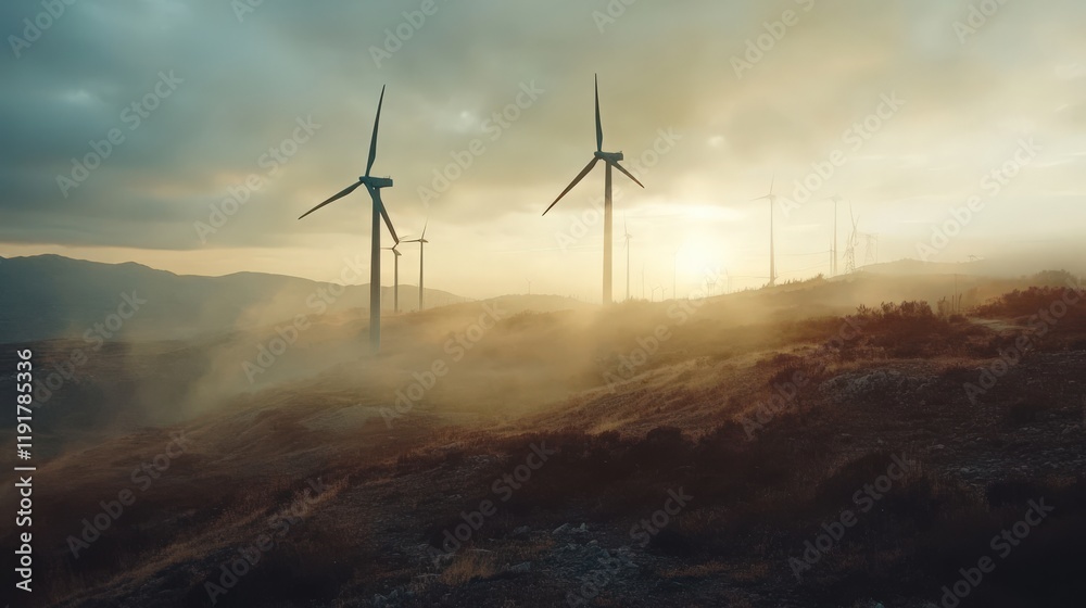 Two wind turbines are on a hillside with a cloudy sky in the background Two wind turbines are on a hillside with a cloudy sky in the background