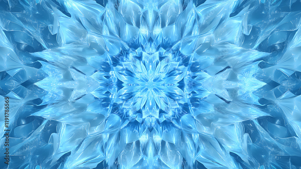 Geometric blue ice texture background with intricate crystalline patterns, frosty, winter, frostwork. Frostwood. Illustration