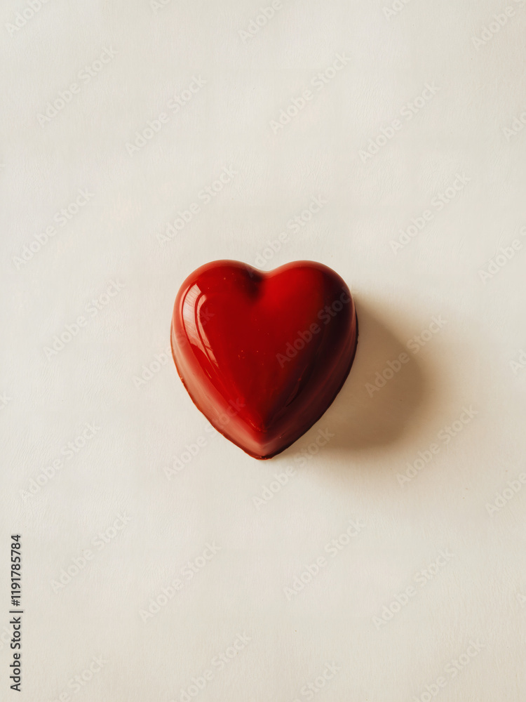 Red Heart-Shaped Chocolate: A simple yet striking photo of a single, perfectly shaped red heart-shaped chocolate captured from a top-down angle on a smooth white background Red Heart-Shaped Chocolate: A simple yet striking photo of a single, perfectly shaped red heart-shaped chocolate captured from a top-down angle on a smooth white background