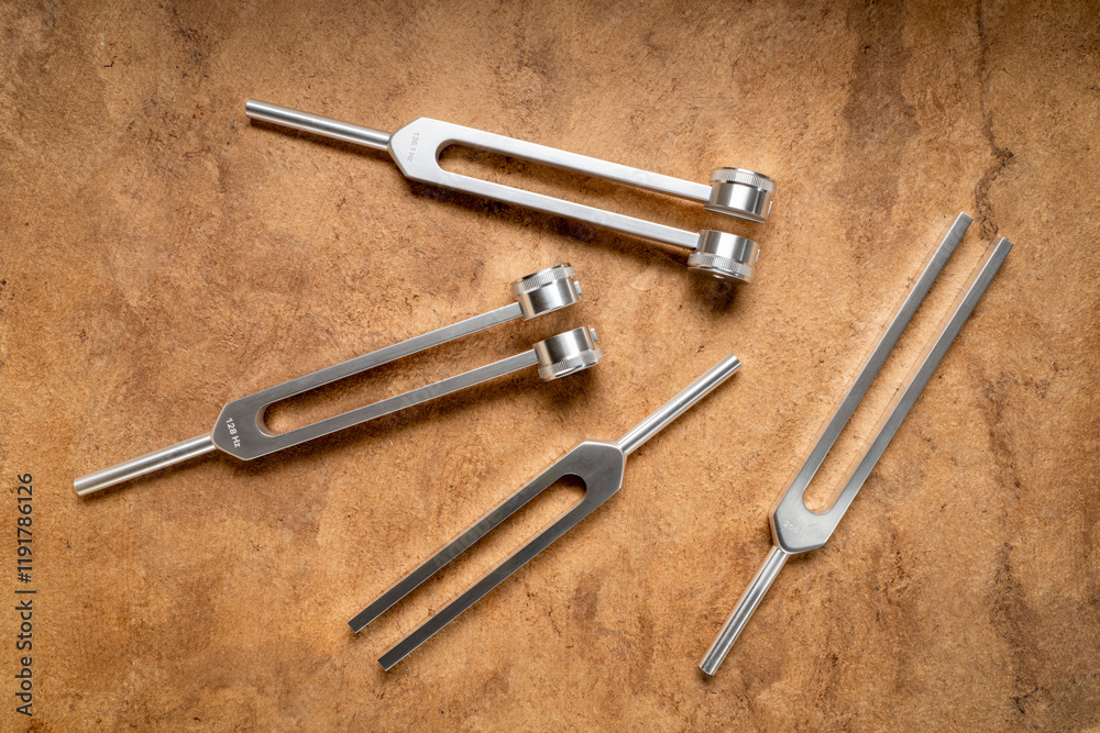 Set of weighted and unweighted metal tuning forks used for tuning musical instruments, sound therapy, chakra healing or relaxation. Set of weighted and unweighted metal tuning forks used for tuning musical instruments, sound therapy, chakra healing or relaxation.