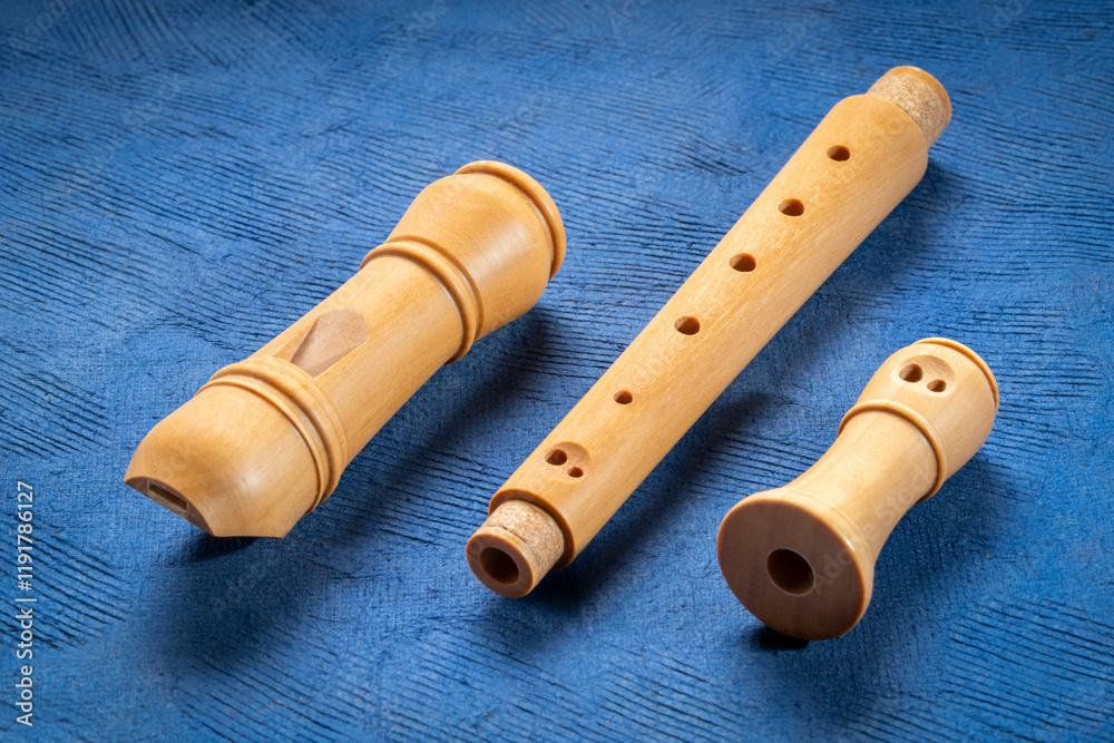 Fototapeta premium components of wooden recorder flute instrument, classic German style, against textured art paper