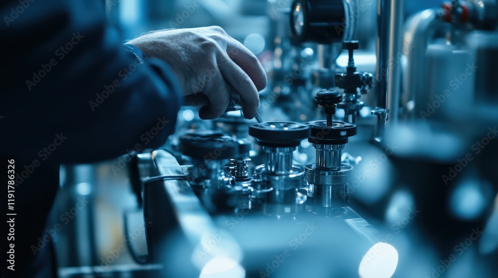 A man is working on a machine with many dials and buttons A man is working on a machine with many dials and buttons