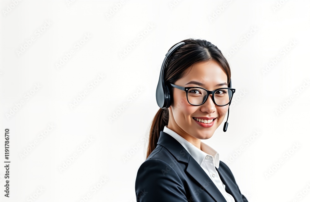 Asian woman in business suit with headset, glasses. Smiling professional in customer service role. Friendly support agent ready for client calls. Happy female employee for customer support call Asian woman in business suit with headset, glasses. Smiling professional in customer service role. Friendly support agent ready for client calls. Happy female employee for customer support call