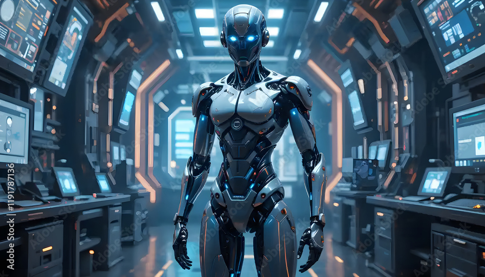 Advanced AI Female Robot in Futuristic Laboratory