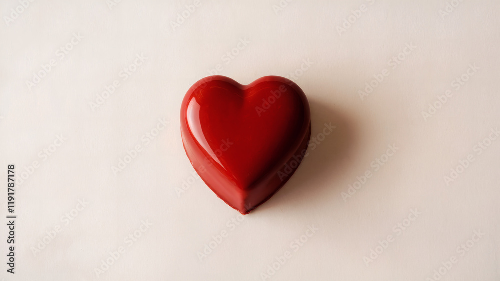 Red Heart-Shaped Chocolate: A single, perfectly shaped red heart-shaped chocolate captured from a top-down angle on a smooth white background Red Heart-Shaped Chocolate: A single, perfectly shaped red heart-shaped chocolate captured from a top-down angle on a smooth white background