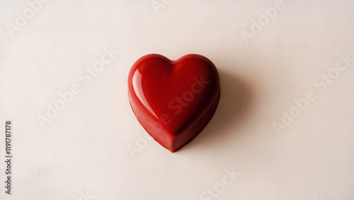 Red Heart-Shaped Chocolate: A single, perfectly shaped red heart-shaped chocolate captured from a top-down angle on a smooth white background