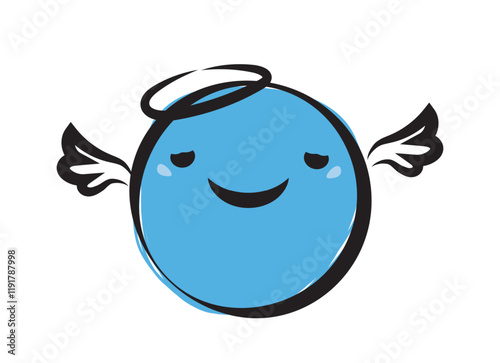 Cute blue smiling sphere with a halo and small white wings, drawn in a playful cartoon style on a white background. Concept of innocence and positivity. Vector illustration.