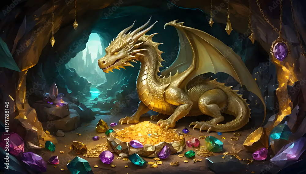 Fototapeta premium Golden Dragon guarding its Treasure in a Mystical Cave