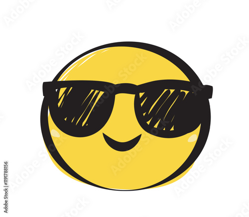 A cheerful yellow emoji wearing stylish black sunglasses, outlined in bold lines, on a clean white background. Concept of coolness and fun emotions. Vector illustration