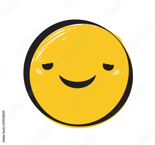 Cute yellow smiling face with a playful expression, drawn with a sketchy artistic style on a clean white background. Represents happiness and positivity. Vector illustration