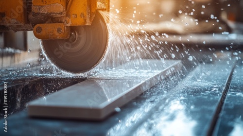 Wet stone cutting with industrial machine.