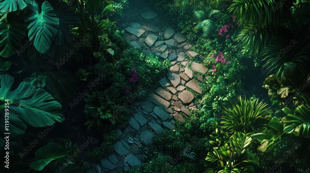 Serene Stone Path Through Lush Tropical Garden: An Aerial View