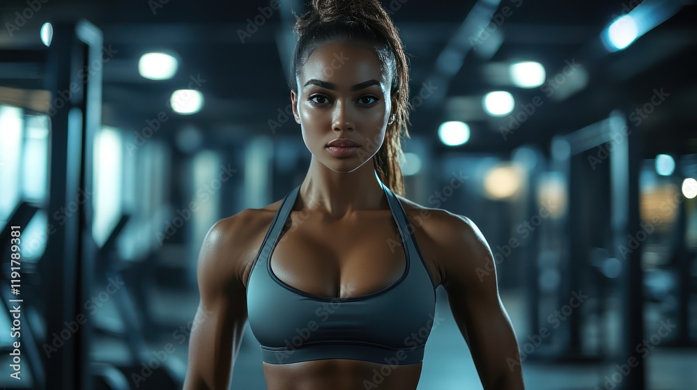 Full front view of a strong athletic woman with a defined muscular body shape, standing confidently in a modern fitness environment. Full front view of a strong athletic woman with a defined muscular body shape, standing confidently in a modern fitness environment.