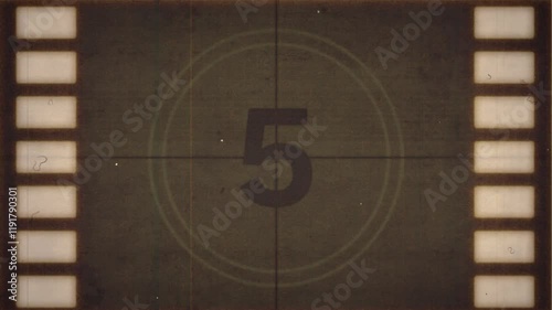 Film Leader Countdown 10 to 0, Old Movie Countdown Film Reel 10 second, Imitation of an Old Movie with Noise and Scratches