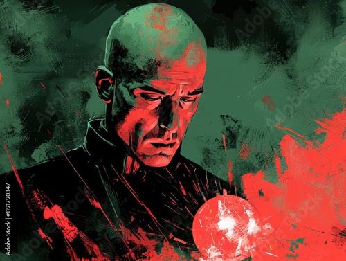 Stylized portrait of a bald, middle-aged Caucasian man, painted in dark red and green hues.  He appears serious and thoughtful. photo