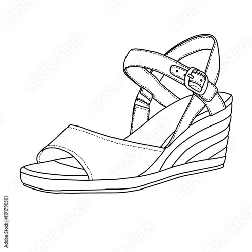 Women's Open Toe Buckle Ankle Strap Espadrilles Platform Wedge Casual Sandal line art, Technical sketch hand drawing outline vector doodle side view isolated on white background for coloring page