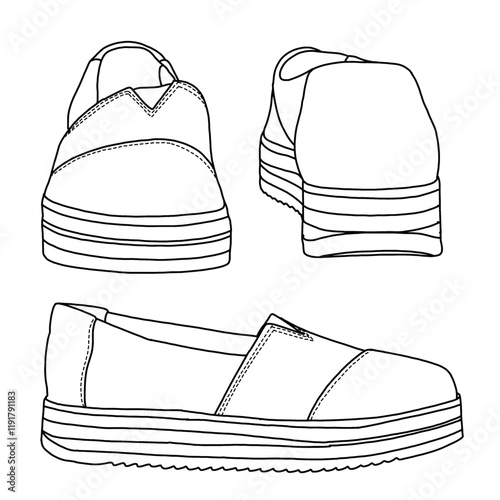 Women's Espadrille Slip-On Shoes line art, Technical sketch hand drawing outline vector doodle side, rear and front view isolated on white background for coloring page