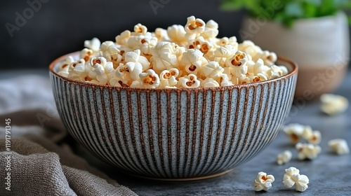 Buttery popcorn bowl, kitchen, snack, movie night photo