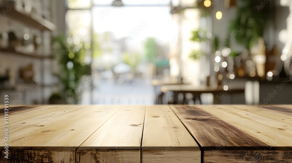Wooden Tabletop with Blurred Cafe Interior Background Wooden Tabletop with Blurred Cafe Interior Background